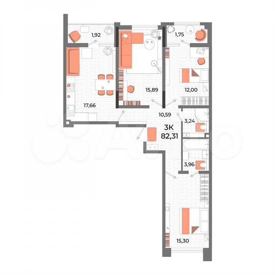 3-к. квартира, 82,3 м², 2/13 эт.