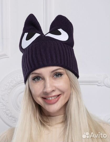 Шапка женская бини с ушками осень весна