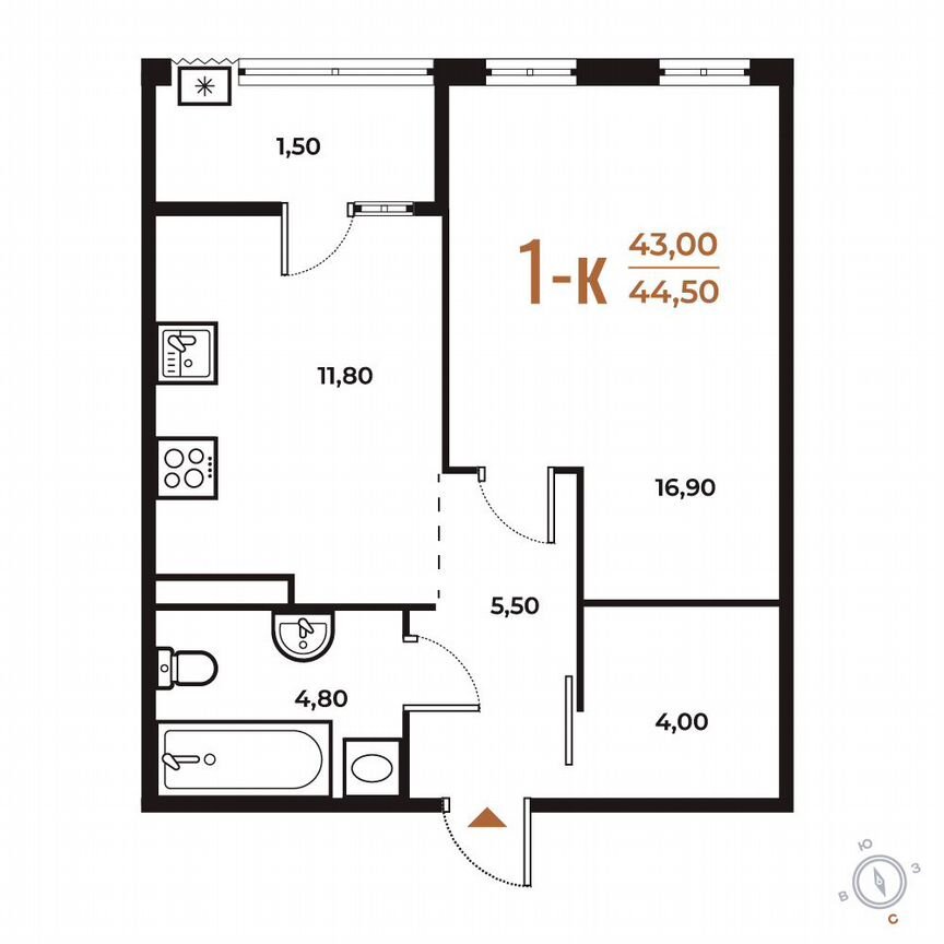 1-к. квартира, 44,5 м², 5/8 эт.