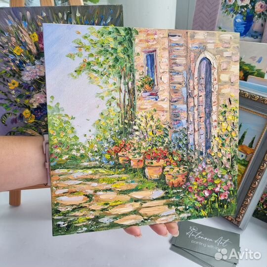 Картина маслом Прованс пейзаж цветы дом миниатюра