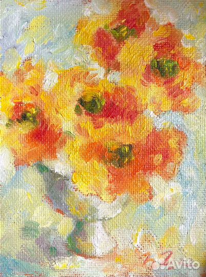 Картина маслом красные маки цветы букет летний