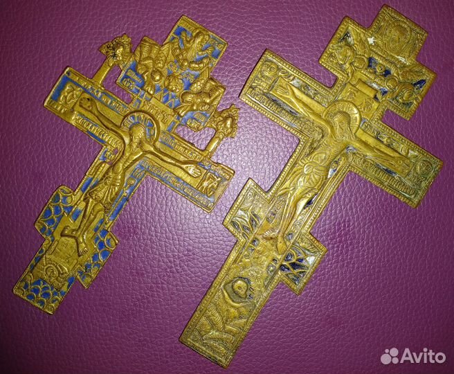 Крест киотный распятие бронза эмали Россия 19 в