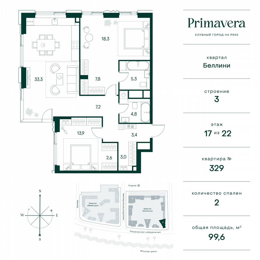 2-к. квартира, 99,6 м², 17/22 эт.