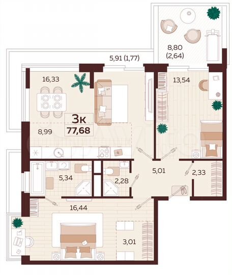 3-к. квартира, 76 м², 2/9 эт.