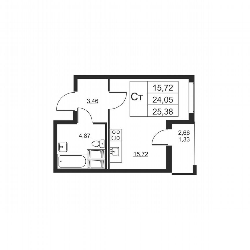 Квартира-студия, 25,4 м², 17/19 эт.