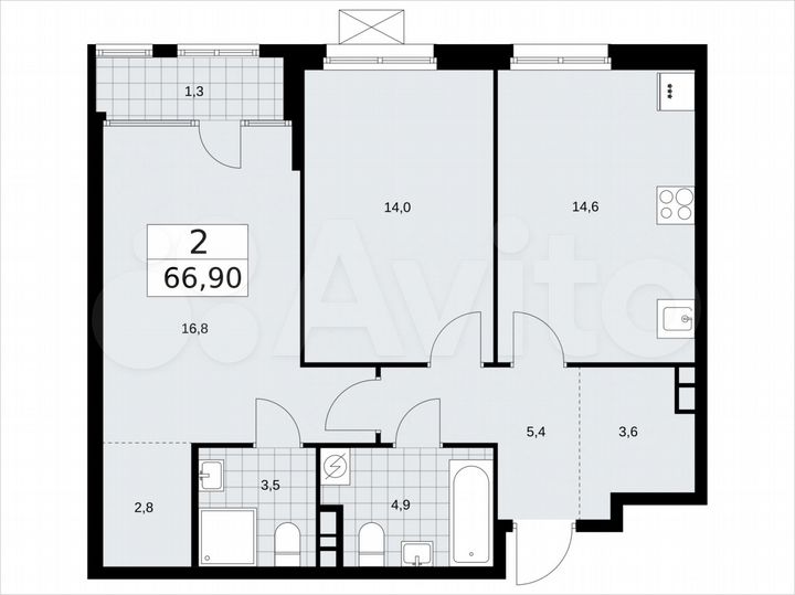 2-к. квартира, 66,9 м², 6/16 эт.