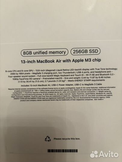 MacBook Air 13 M3 2024 8gb/256gb новый USA silver