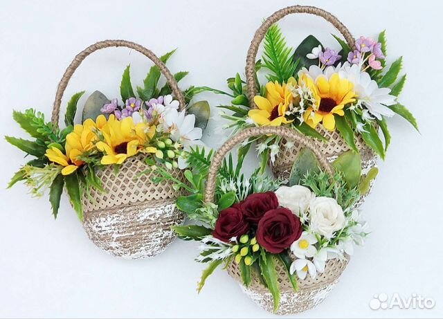 Корзина магнит с цветами.Ромашки,розочки.Подарок