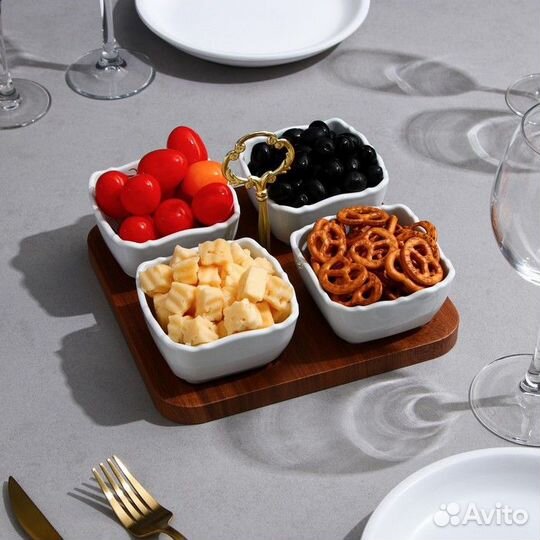 Менажница 'Капель', 4 шт 200 мл, деревянное основа