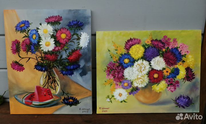 2 картины с астрами. Холст на подрамн 50х40,40х50
