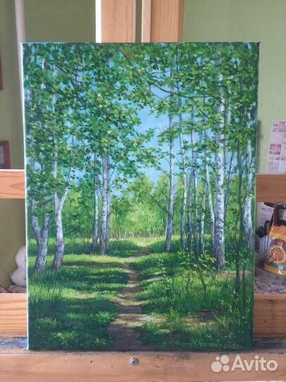 Картина маслом пейзаж тропинка березы лето