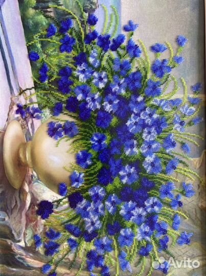 Картина «Васильки», вышивка бисером 40х50 в рамке