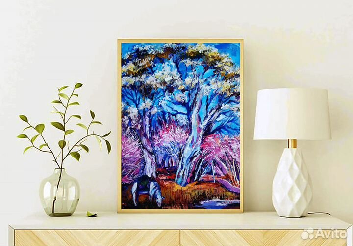 Картина маслом н/холсте сакура лошадь пейзаж весна