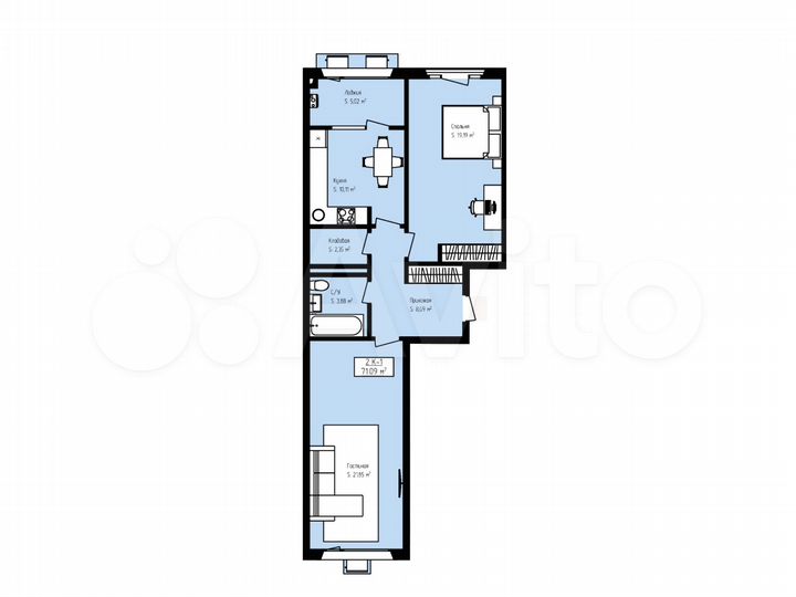 2-к. квартира, 71,1 м², 6/6 эт.