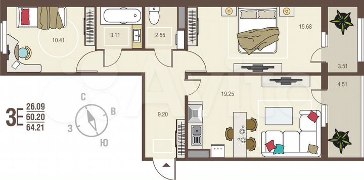 2-к. квартира, 64,2 м², 6/10 эт.