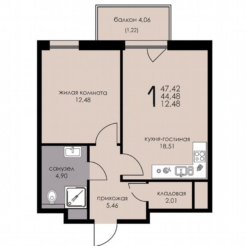 2-к. апартаменты, 44,8 м², 3/6 эт.