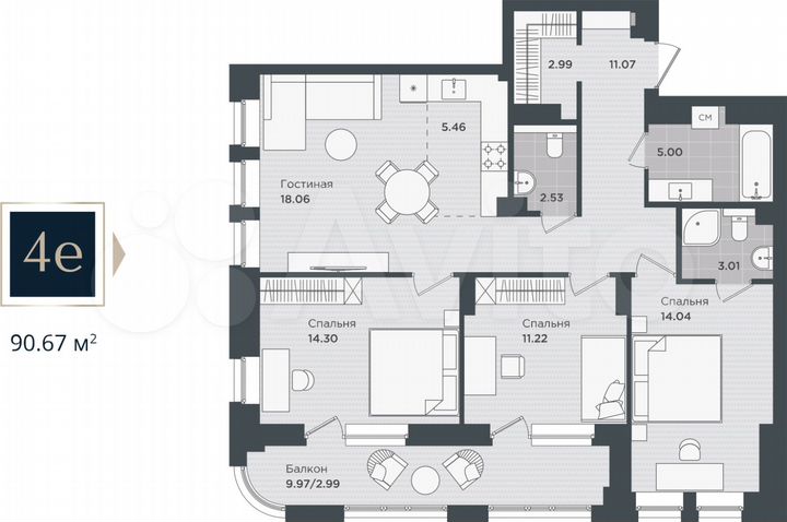 4-к. квартира, 90,7 м², 7/24 эт.