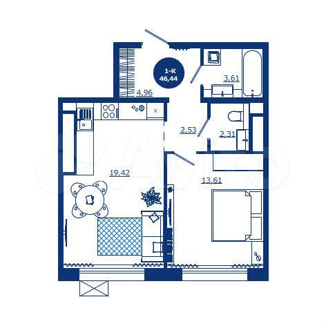 1-к. квартира, 46,4 м², 12/17 эт.