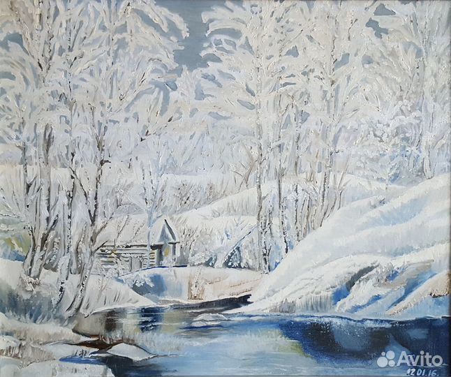 Картина маслом Домик лесника зимний пейзаж маслом