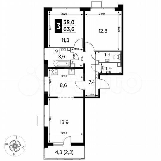 3-к. квартира, 63,6 м², 20/25 эт.