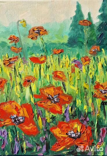 Картина маслом на холсте пейзаж цветы мастихином