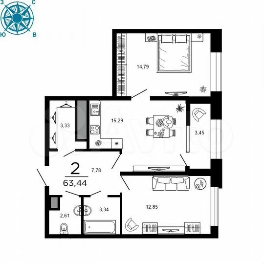 2-к. квартира, 63,5 м², 2/19 эт.
