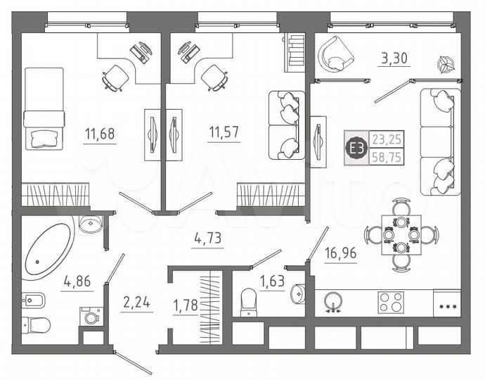 2-к. квартира, 58 м², 3/10 эт.