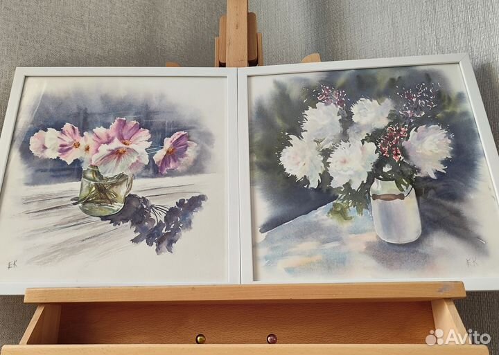 Картина акварелью цветы пионы космеи