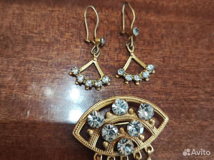Серьги брошь СССР латунь золочение