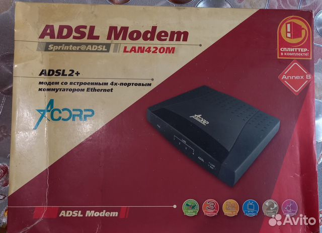 Adsl 2+ модем с 4- х портовым коммутатором