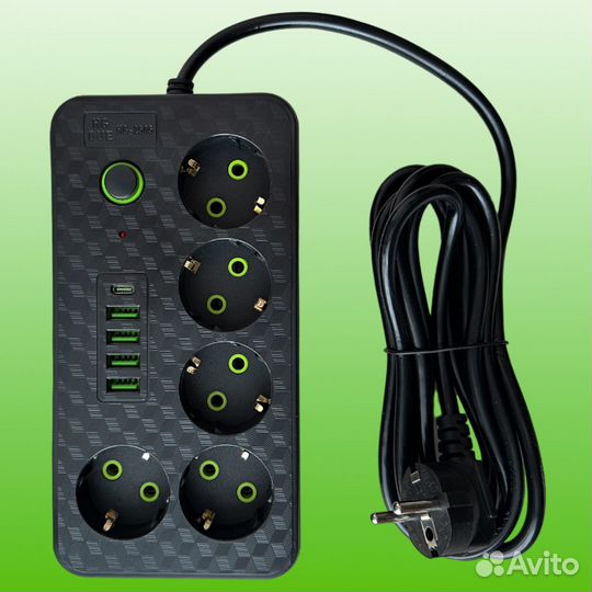 Сетевой фильтр с заземлением, 5 гнезд, 5 USB