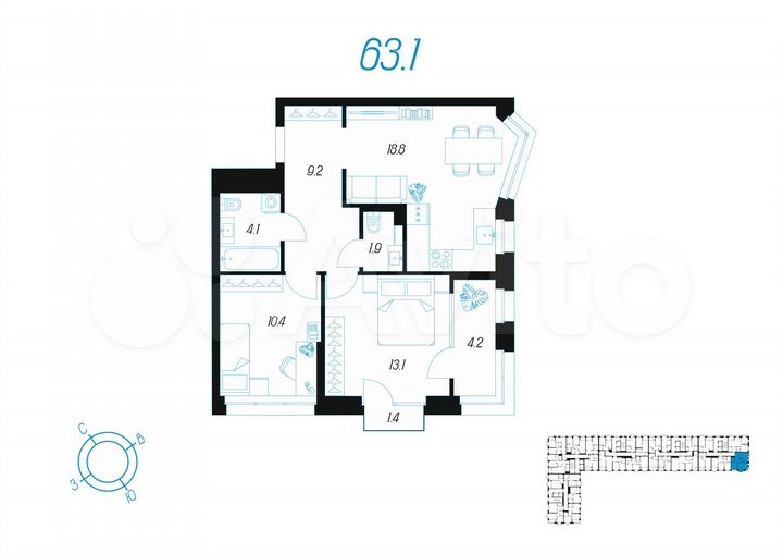 2-к. квартира, 63,1 м², 10/24 эт.