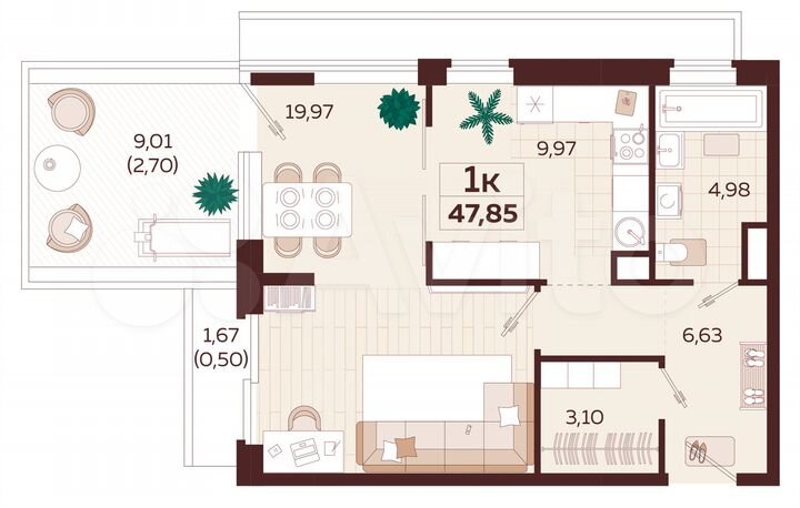 1-к. квартира, 47,9 м², 8/9 эт.