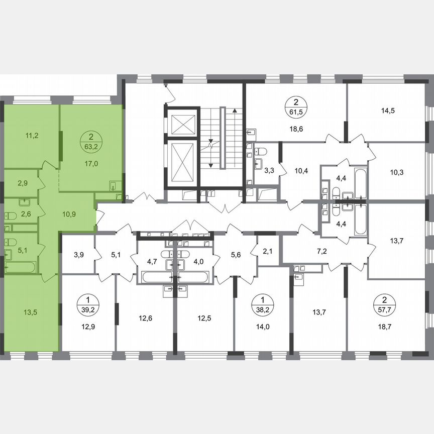 2-к. квартира, 63,2 м², 2/17 эт.