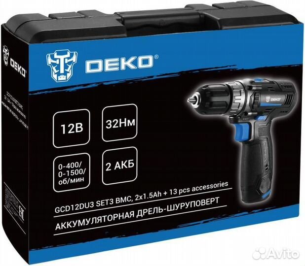 Дрель-шуруповерт deko GCD12DU3 SET 3, 1.5Ач, с дву