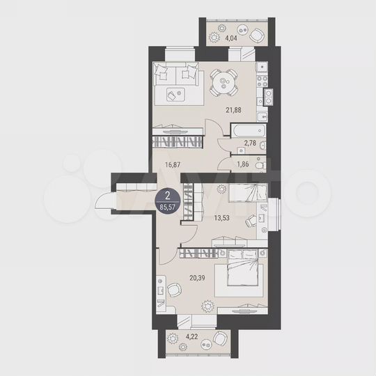 2-к. квартира, 85,6 м², 10/10 эт.