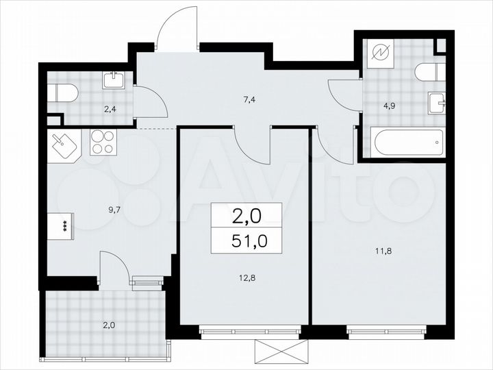 2-к. квартира, 51 м², 2/11 эт.