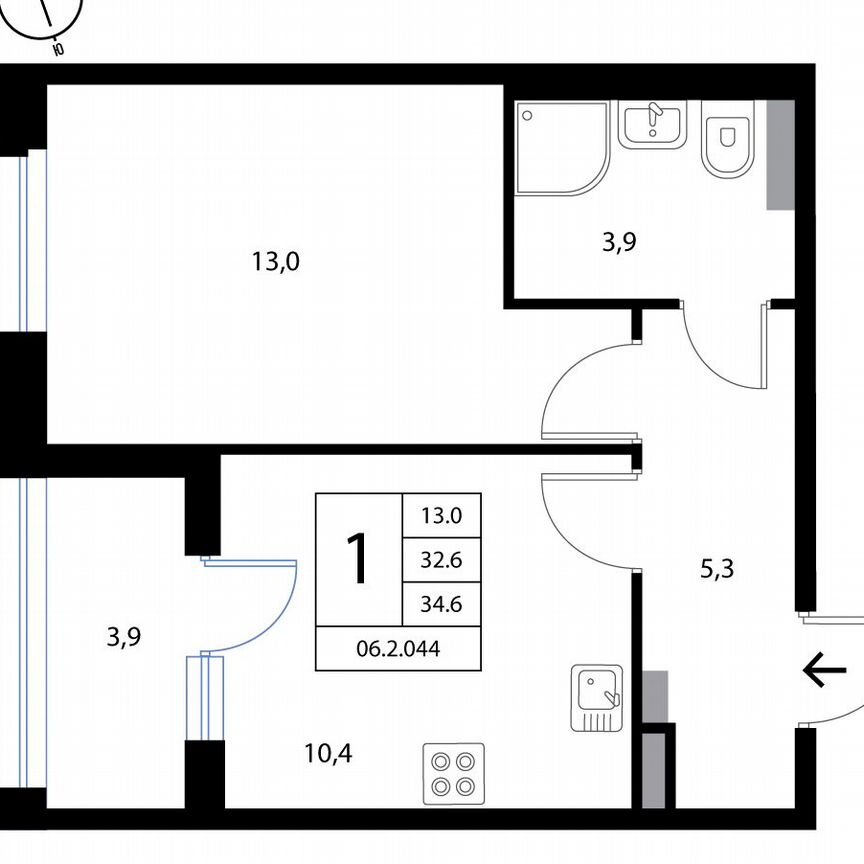 1-к. квартира, 34,6 м², 2/3 эт.