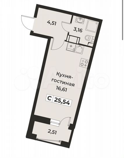 Квартира-студия, 26,1 м², 15/16 эт.
