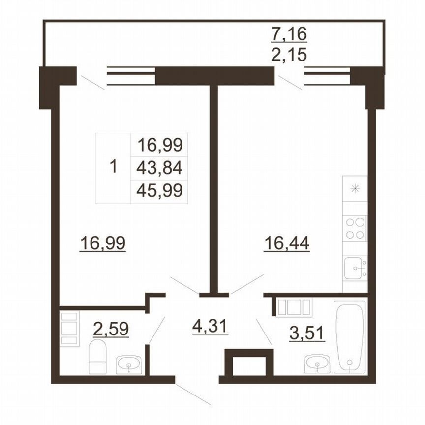1-к. квартира, 46 м², 6/6 эт.