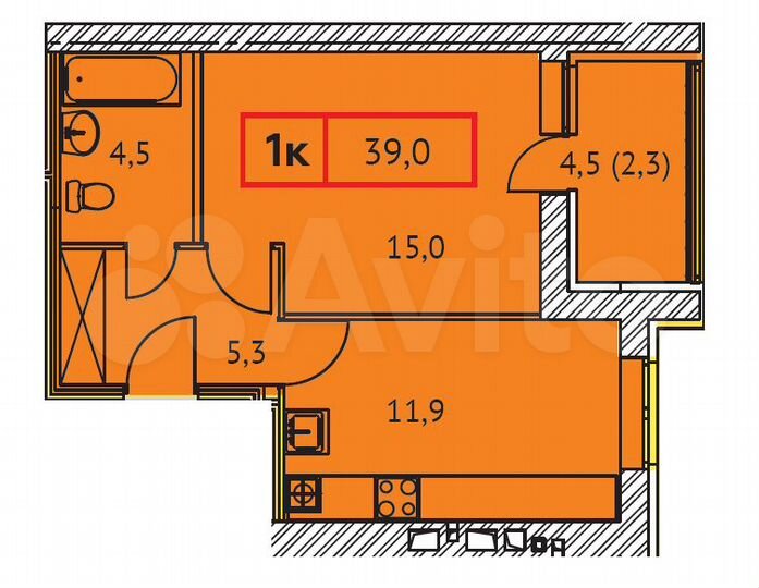 1-к. квартира, 39 м², 3/9 эт.
