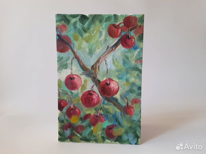 Вишня на ветке в листве. Лето Картина маслом 15\23