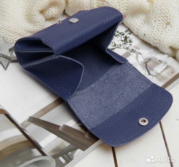 Монетница-кошелёк на кнопке 3отд кожа синий Россия