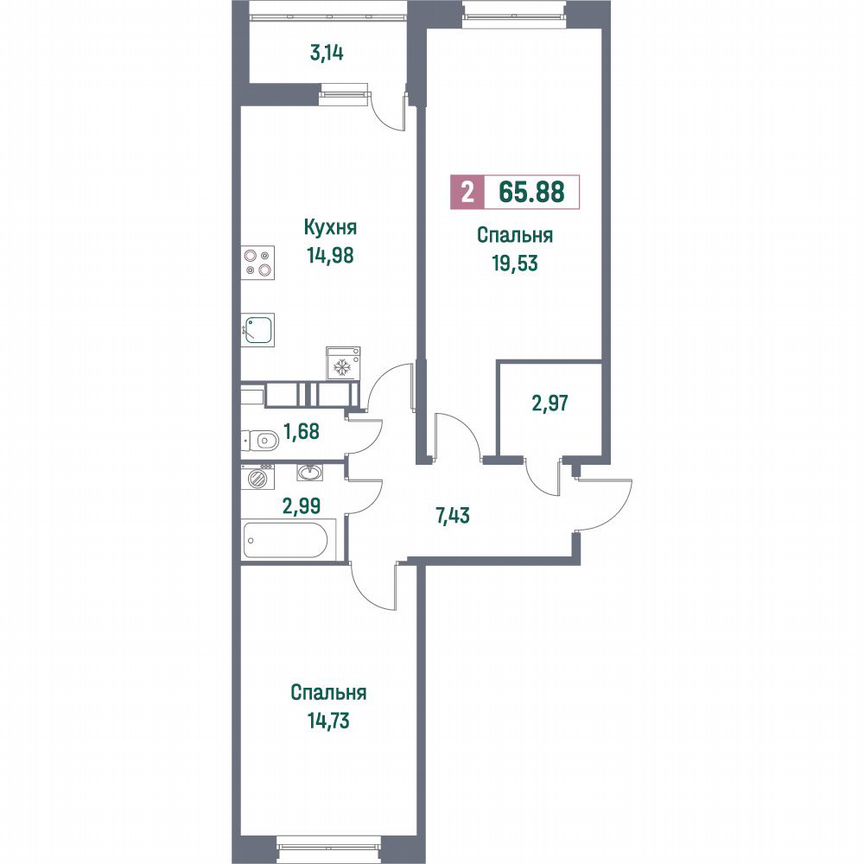 2-к. квартира, 65,9 м², 13/16 эт.