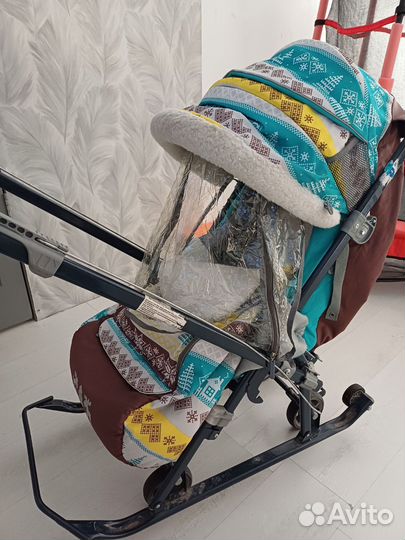 Детские санки коляска с колесами бу
