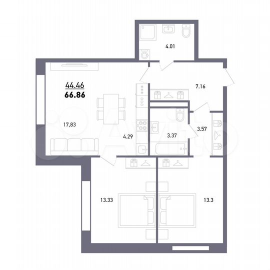 3-к. квартира, 66,9 м², 12/27 эт.