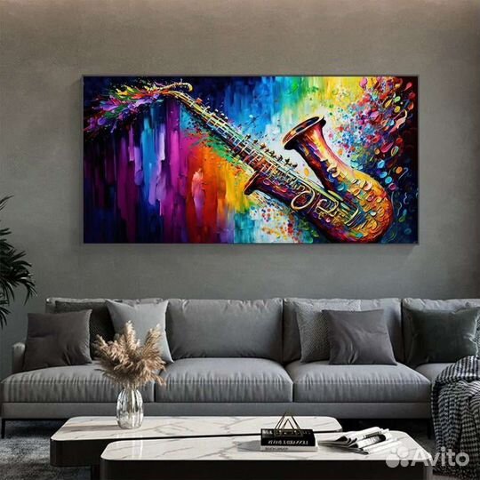 Яркая картина маслом на холсте саксофон