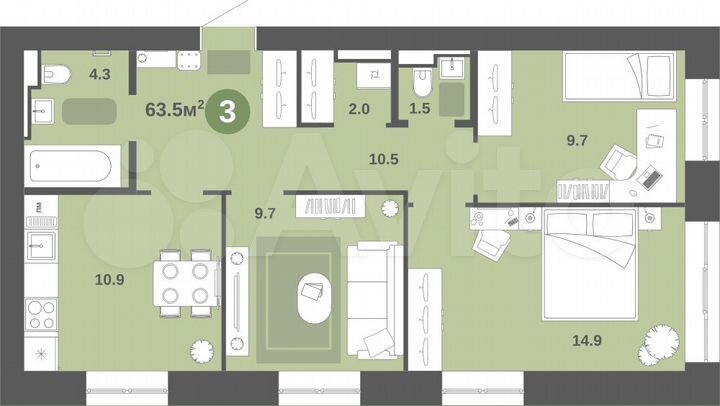 3-к. квартира, 63,5 м², 6/9 эт.