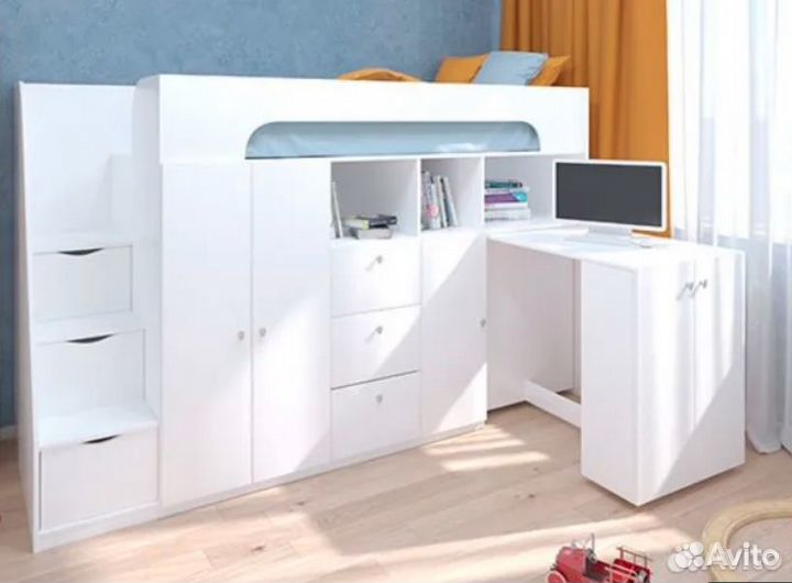 Кровать Чердак Со Столом и шкафом Белый/Салатовый