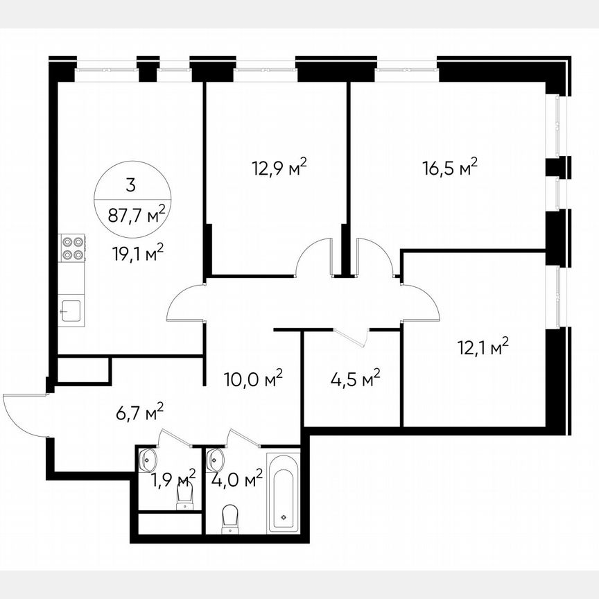 3-к. квартира, 87,7 м², 9/19 эт.